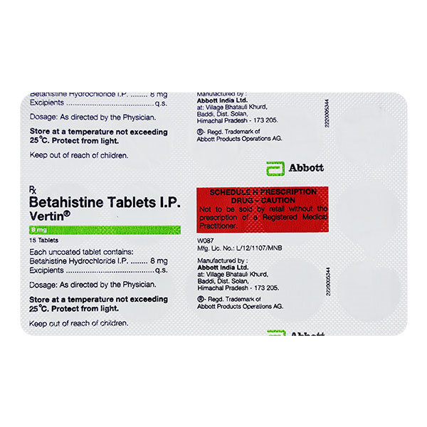 Vertin 8 mg Tablet 15's, Pack of 15 TABLETS Vertin 8 mg Tablet 15's, Pack of 15 TABLETS