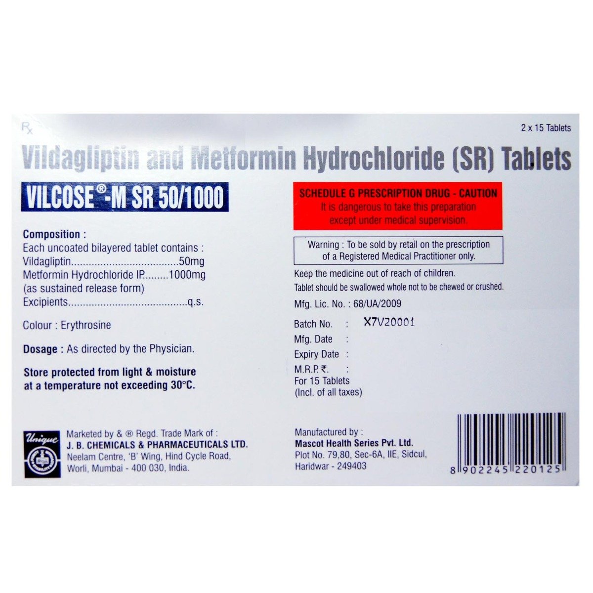 Vilcose-M SR 50/1000 Tablet 15's, Pack of 15 Vilcose-M SR 50/1000 Tablet 15's, Pack of 15