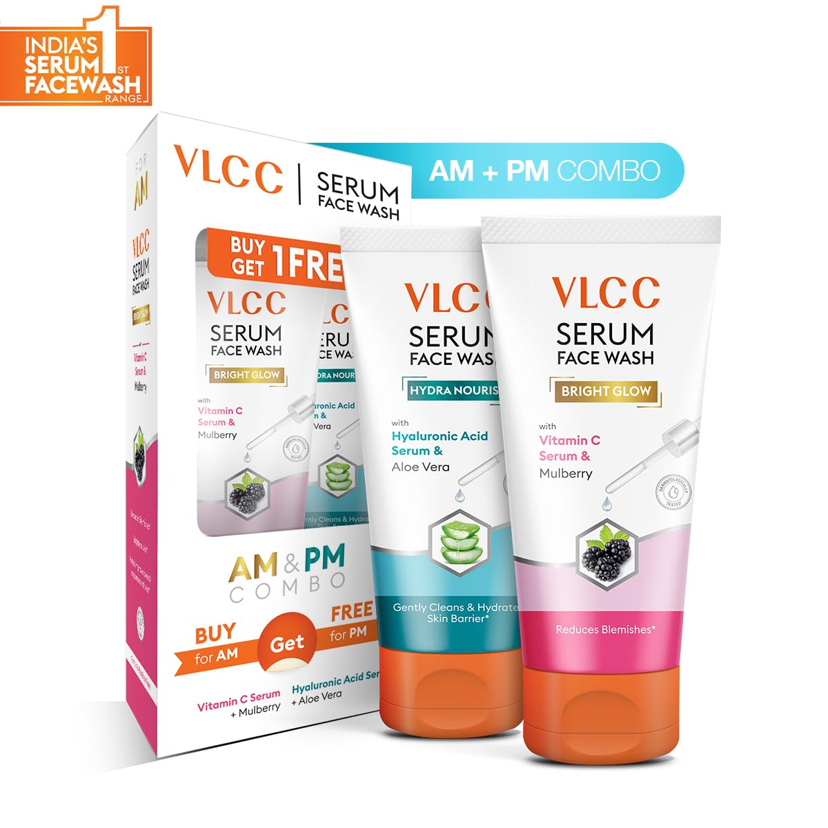 VLCC Vitamin C + Mulberry & Hyaluronic Acid + Aloe Vera Serum Face Wash, 2x150 ml, Pack of 1 VLCC Vitamin C + Mulberry & Hyaluronic Acid + Aloe Vera Serum Face Wash, 2x150 ml, Pack of 1