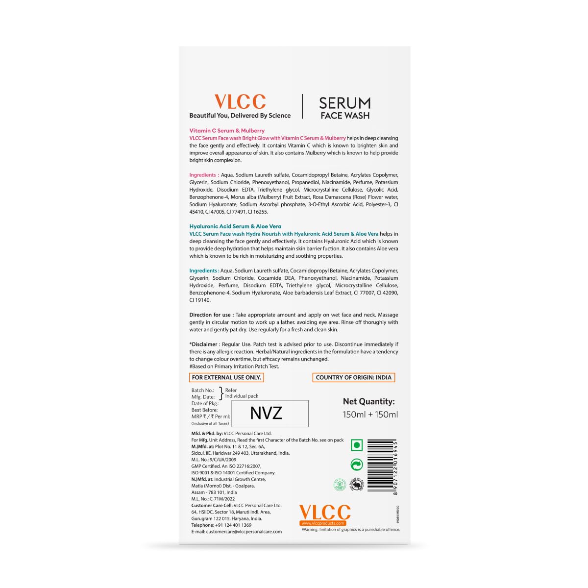 VLCC Vitamin C + Mulberry & Hyaluronic Acid + Aloe Vera Serum Face Wash, 2x150 ml, Pack of 1 VLCC Vitamin C + Mulberry & Hyaluronic Acid + Aloe Vera Serum Face Wash, 2x150 ml, Pack of 1