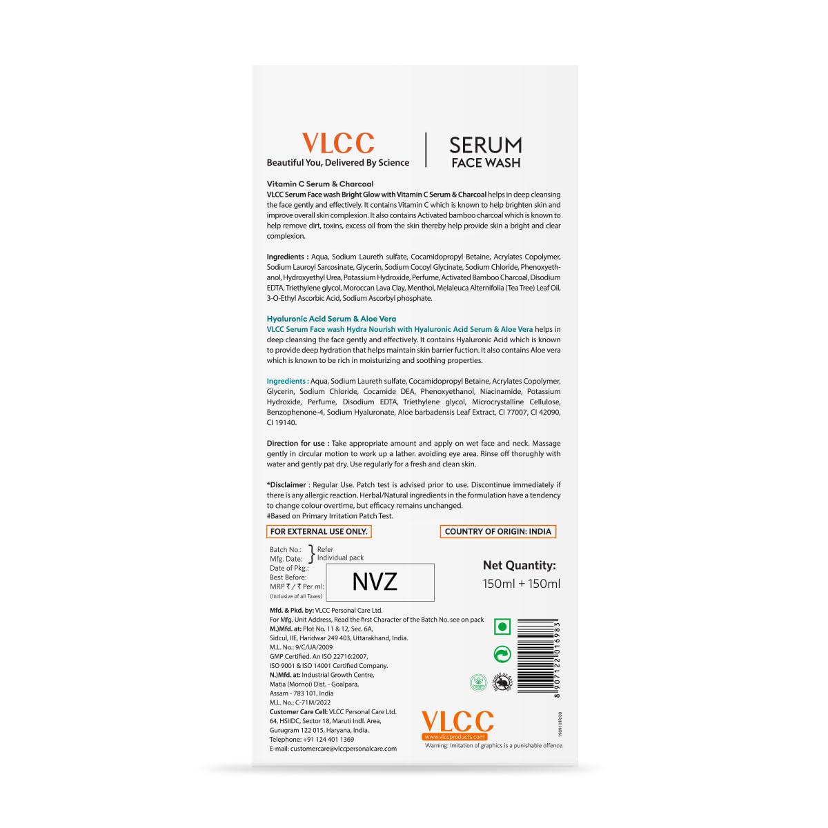 VLCC Vitamin C + Charcoal & Hyaluronic Acid + Aloe Vera Serum Face Wash, 2x150 ml, Pack of 1 VLCC Vitamin C + Charcoal & Hyaluronic Acid + Aloe Vera Serum Face Wash, 2x150 ml, Pack of 1