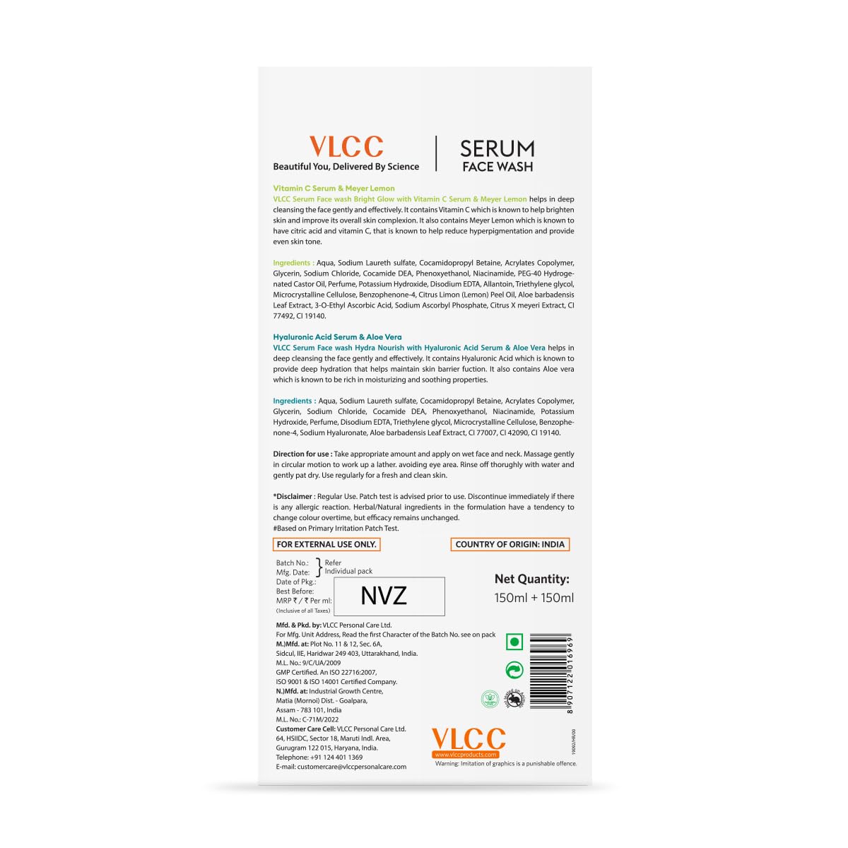 VLCC Vitamin C + Meyer Lemon & Hyaluronic Acid + Aloe Vera Serum Face Wash, 2x150 ml, Pack of 1 VLCC Vitamin C + Meyer Lemon & Hyaluronic Acid + Aloe Vera Serum Face Wash, 2x150 ml, Pack of 1