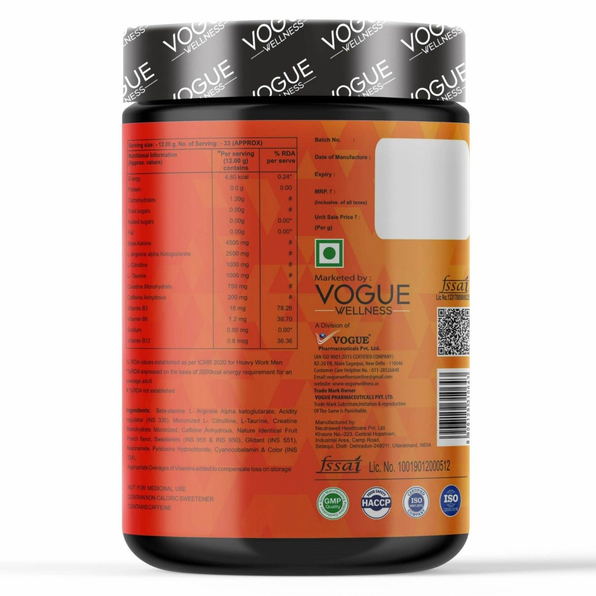 Vogue Wellness Pre Workout 4 Way Action Fruit Punch Flavour Powder, 400 gm, Pack of 1 Vogue Wellness Pre Workout 4 Way Action Fruit Punch Flavour Powder, 400 gm, Pack of 1