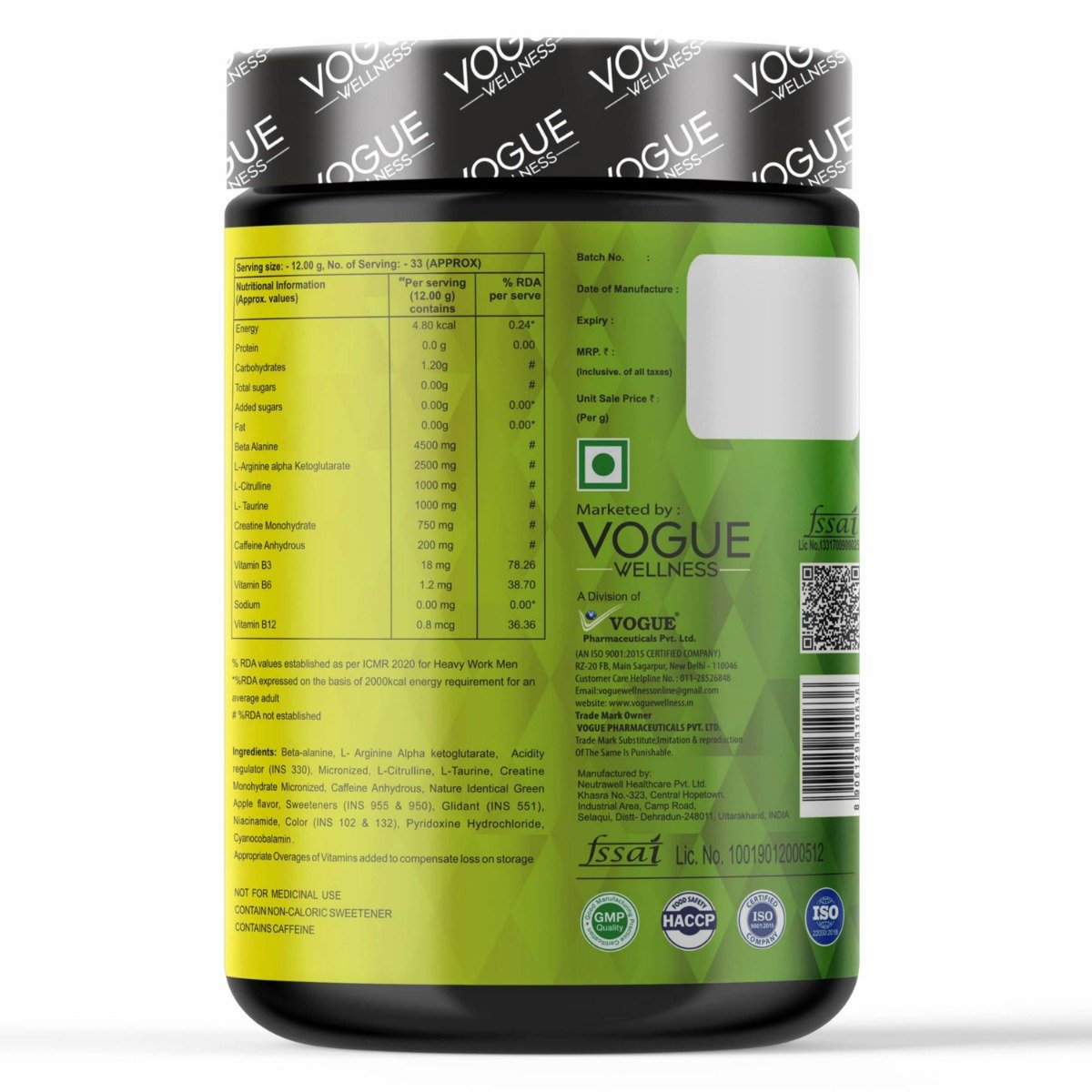 Vogue Wellness Pre Workout 4 Way Action Green Apple Flavour Powder, 400 gm, Pack of 1 Vogue Wellness Pre Workout 4 Way Action Green Apple Flavour Powder, 400 gm, Pack of 1