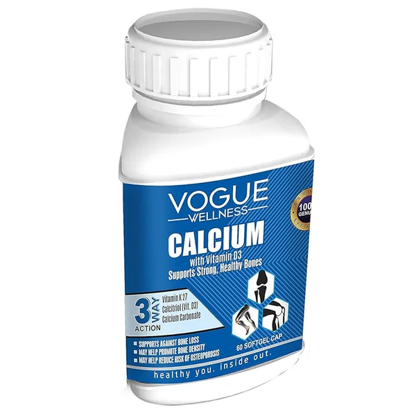 Vogue Wellness Calcium with Vitamin D3, 60 Softgel Capsules, Pack of 1