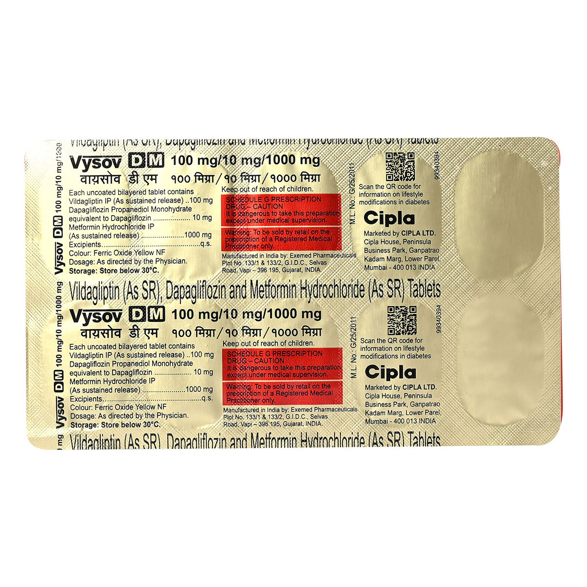 Vysov DM 100 mg/10 mg/1000 mg Tablet 10's, Pack of 10 TabletS Vysov DM 100 mg/10 mg/1000 mg Tablet 10's, Pack of 10 TabletS