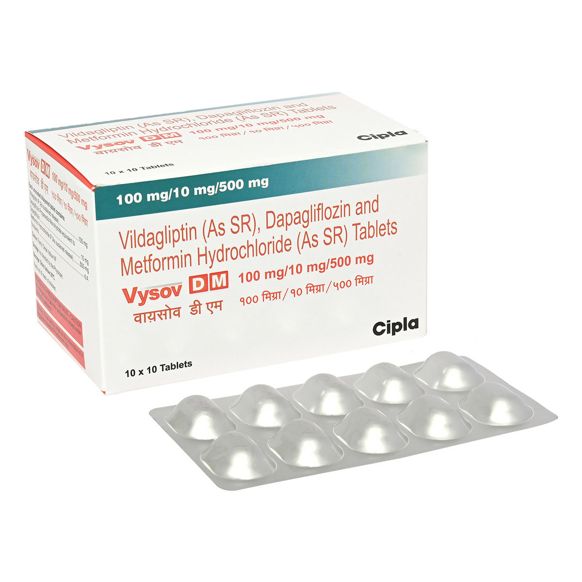 Vysov DM 100 mg/10 mg/500 mg Tablet 10's, Pack of 10 TabletS Vysov DM 100 mg/10 mg/500 mg Tablet 10's, Pack of 10 TabletS