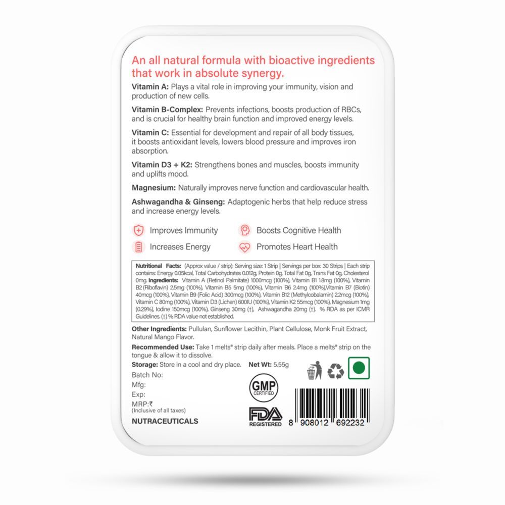Wellbeing Nutrition Melts Into Multi Vitamins Alphonso Mango Flavour Sugar Free, 30 Strips, Pack of 1 