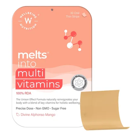 Wellbeing Nutrition Melts Multivitamin B-complex Mango Flavour, 30 Strips | With 100% RDA of Zinc, B-Complex, Vitamin C, D3 + K2(MK7), Ashwagandha & Ginseng for Immunity & Energy