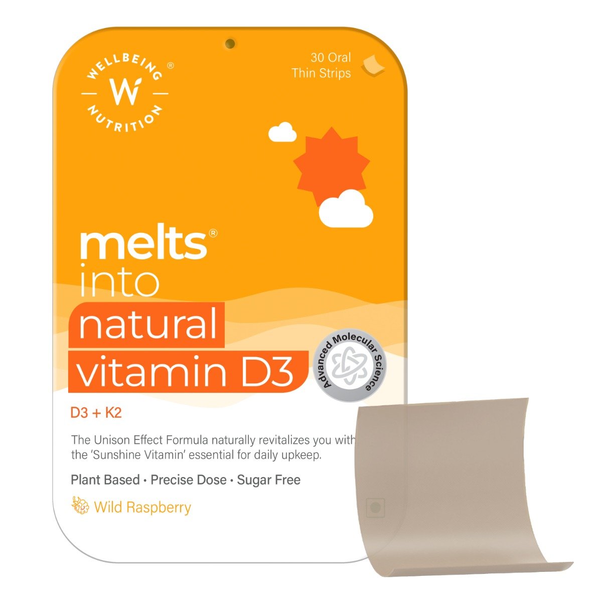 Wellbeing Nutrition Melts Natural Vitamin D3 + K2, Raspberry Flavour, 30 Strips, Pack of 1 Wellbeing Nutrition Melts Natural Vitamin D3 + K2, Raspberry Flavour, 30 Strips, Pack of 1