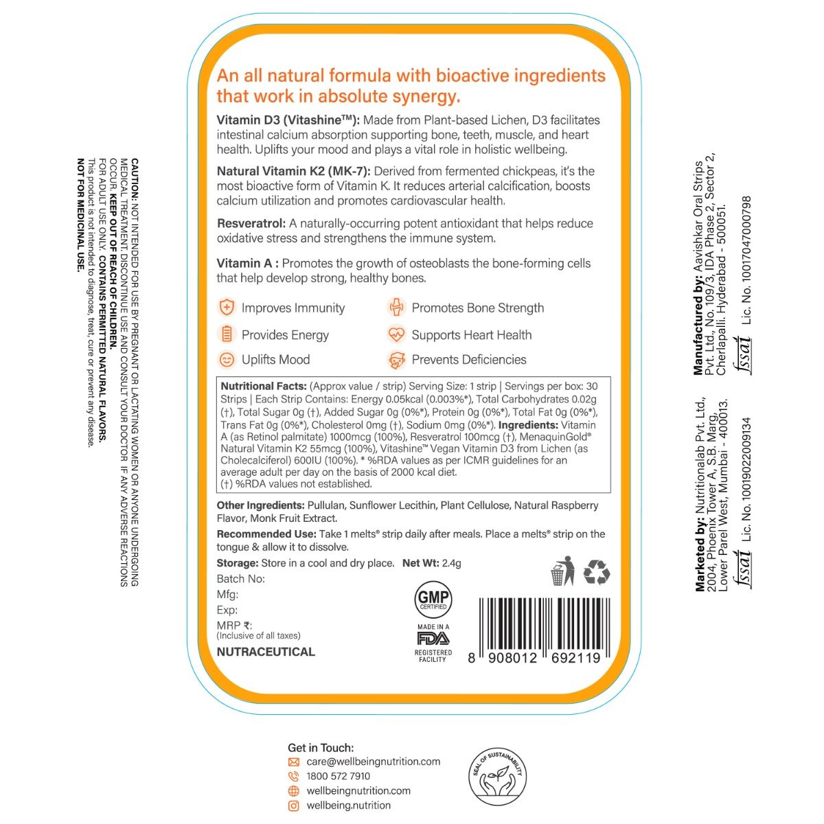 Wellbeing Nutrition Melts Natural Vitamin D3 + K2, Raspberry Flavour, 30 Strips, Pack of 1 Wellbeing Nutrition Melts Natural Vitamin D3 + K2, Raspberry Flavour, 30 Strips, Pack of 1