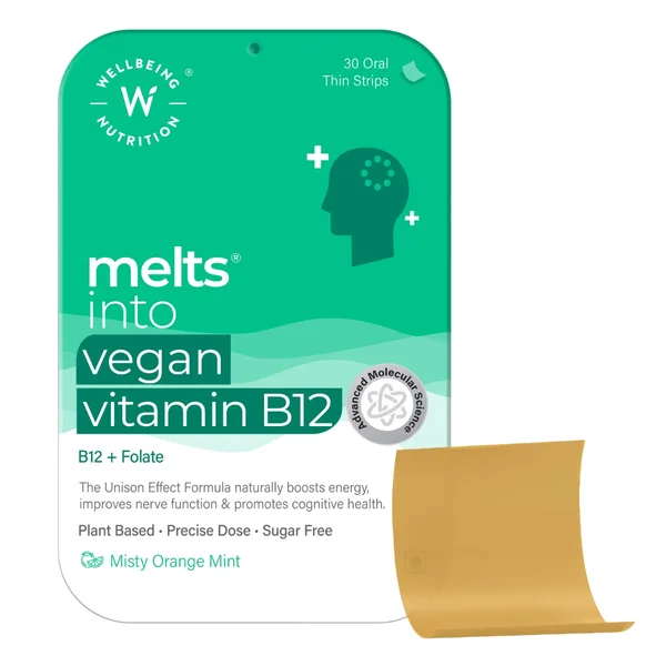 Wellbeing Nutrition Melts Vitamin B12-Folate Orange Mint Flavour, 30 Strips, Pack of 1