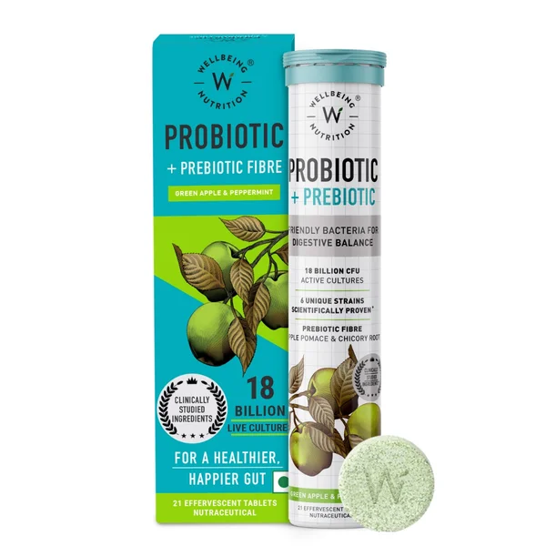 Wellbeing Nutrition Probiotic + Prebiotic Green Apple &amp; Peppermint Flavour, 21 Effervescent Tablets, Pack of 1