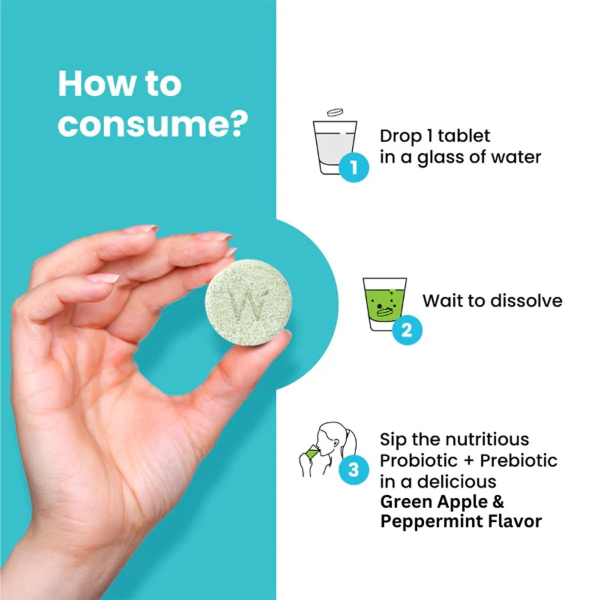 Wellbeing Nutrition Probiotic + Prebiotic Green Apple & Peppermint Flavour, 21 Effervescent Tablets, Pack of 1 Wellbeing Nutrition Probiotic + Prebiotic Green Apple & Peppermint Flavour, 21 Effervescent Tablets, Pack of 1