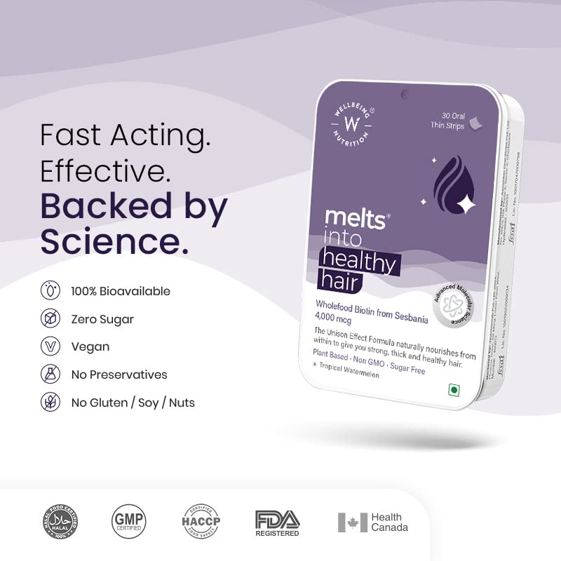 Wellbeing Nutrition Melts Into Healthy Hair Wholefood Biotin 4000 mcg, 30 Strips, Pack of 1 Wellbeing Nutrition Melts Into Healthy Hair Wholefood Biotin 4000 mcg, 30 Strips, Pack of 1