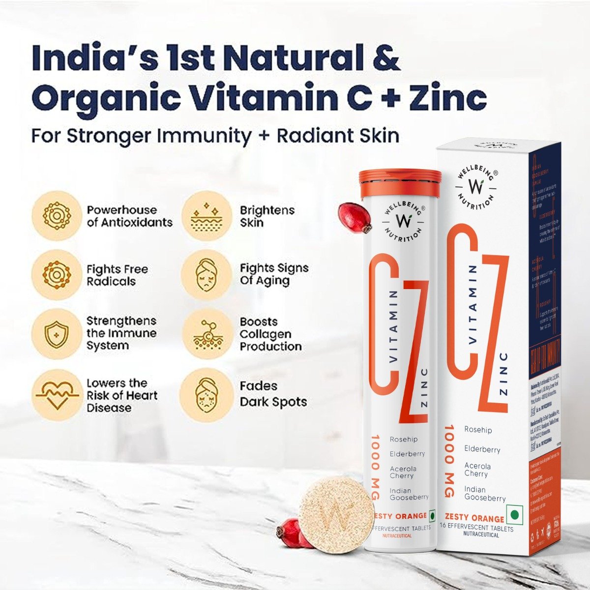 Wellbeing Nutrition Vitamin C + Zinc Zesty Orange Flavour, 16 Effervescent Tablets, Pack of 1 Wellbeing Nutrition Vitamin C + Zinc Zesty Orange Flavour, 16 Effervescent Tablets, Pack of 1