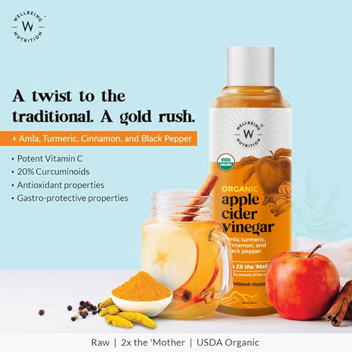 Wellbeing Nutrition Organic Apple Cider Vinegar with Amla, Turmeric, Cinnamon & Black Pepper, 500 ml, Pack of 1 Wellbeing Nutrition Organic Apple Cider Vinegar with Amla, Turmeric, Cinnamon & Black Pepper, 500 ml, Pack of 1