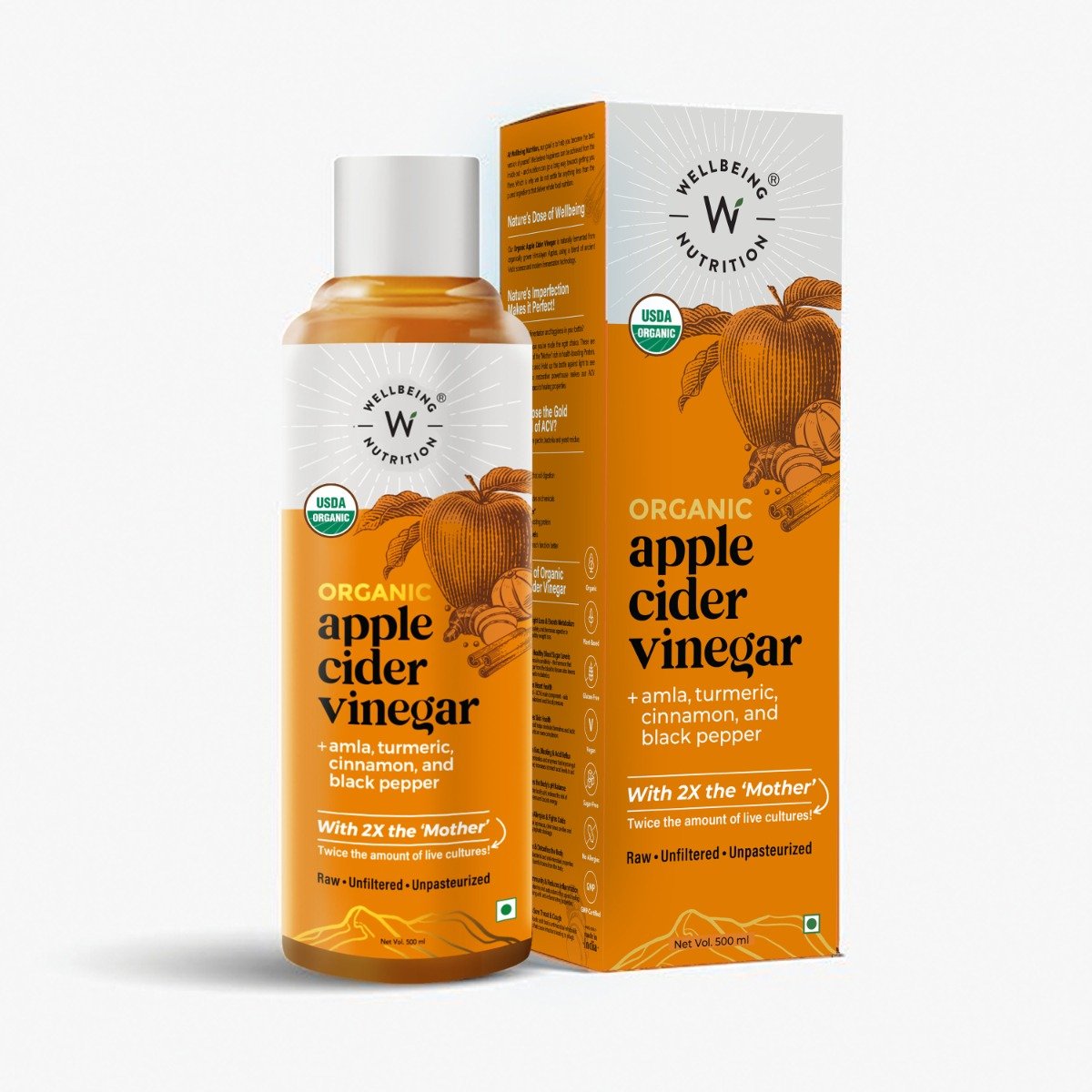 Wellbeing Nutrition Organic Apple Cider Vinegar with Amla, Turmeric, Cinnamon & Black Pepper, 500 ml, Pack of 1 Wellbeing Nutrition Organic Apple Cider Vinegar with Amla, Turmeric, Cinnamon & Black Pepper, 500 ml, Pack of 1