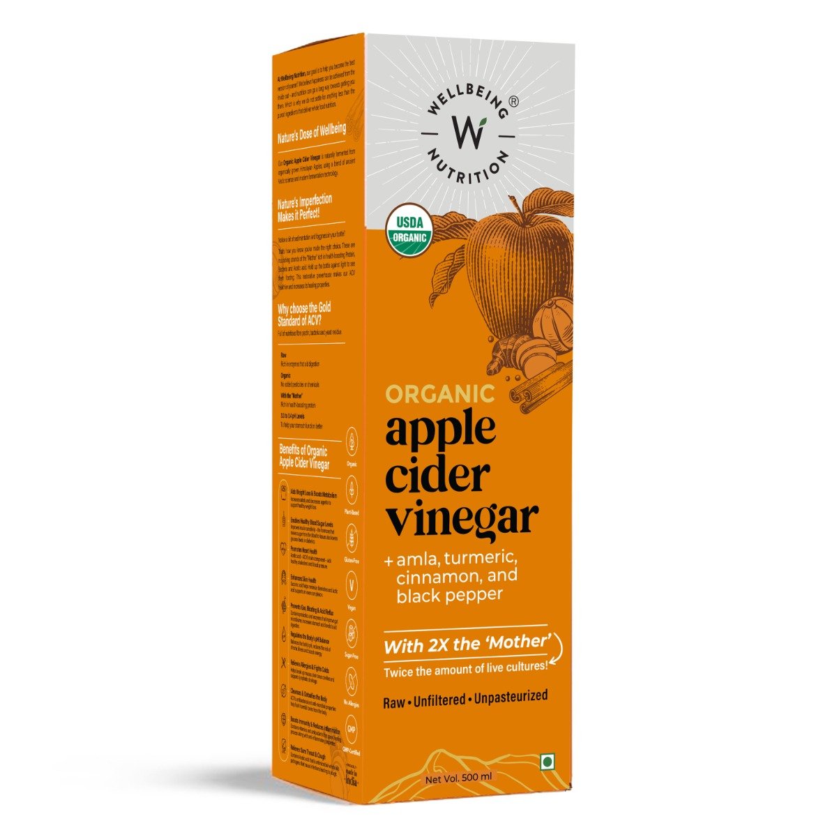 Wellbeing Nutrition Organic Apple Cider Vinegar with Amla, Turmeric, Cinnamon & Black Pepper, 500 ml, Pack of 1 Wellbeing Nutrition Organic Apple Cider Vinegar with Amla, Turmeric, Cinnamon & Black Pepper, 500 ml, Pack of 1