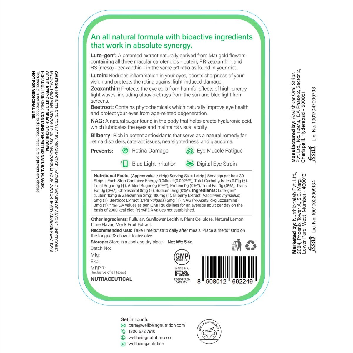 Wellbeing Nutrition Melts Eye Care Lutein 10mg Lemon Flavour, 30 Oral Strips, Pack of 1 Wellbeing Nutrition Melts Eye Care Lutein 10mg Lemon Flavour, 30 Oral Strips, Pack of 1