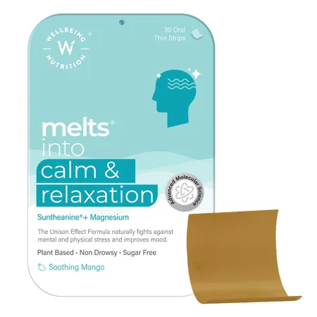 Wellbeing Nutrition Melts Calm & Relaxation L-theanine Mango Flavour, 30 Strips | Pure Ashwagandha KSM66, L-theanine, Magnesium, Saffron & Chamomile | Natural Stress & Anxiety Relief, Uplift Mood & Reduce Cortisol