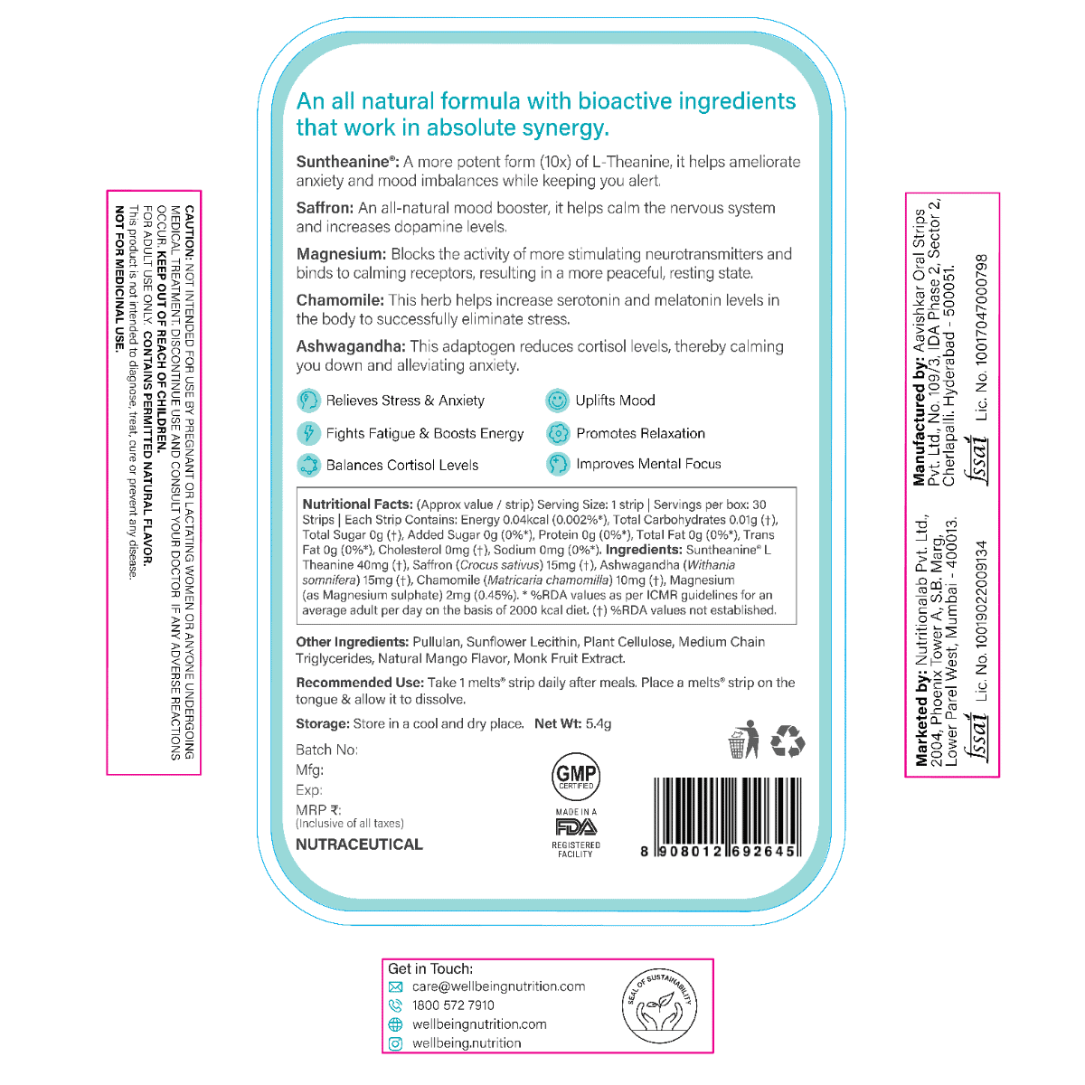 Wellbeing Nutrition Melts Calm & Relaxation L-theanine Mango Flavour, 30 Strips, Pack of 1 Wellbeing Nutrition Melts Calm & Relaxation L-theanine Mango Flavour, 30 Strips, Pack of 1