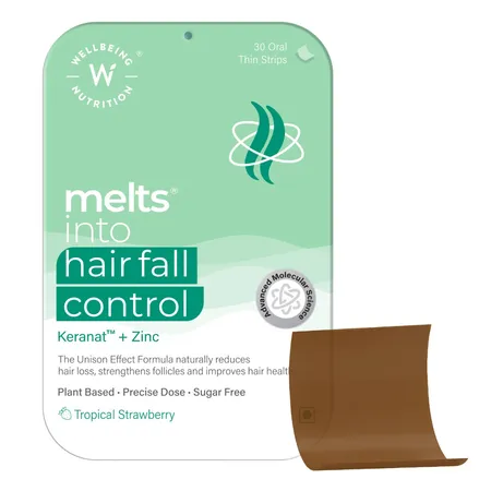 Wellbeing Nutrition Melts Hairfall Control Biotin Strawberry Flavour, 30 Strips | Clinically Proven Keranat, Zinc, Biotin | Hair Loss Support DHT Blocker, Nourish Follicles, Improve Volume & Thickness