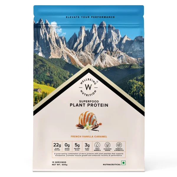 Wellbeing Nutrition Plant Protein French Vanilla Caramel Flavour Powder, 500 gm, Pack of 1