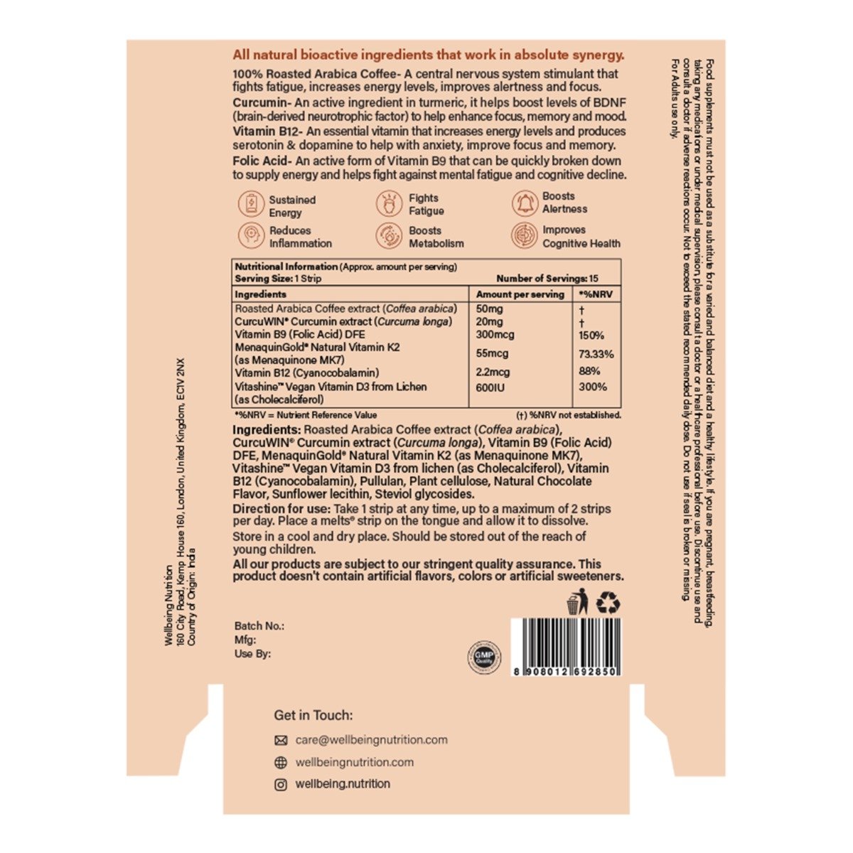 Wellbeing Nutrition Melts Energy Mocha Curcumin Chocolate Flavour, 15 Strips, Pack of 1 Wellbeing Nutrition Melts Energy Mocha Curcumin Chocolate Flavour, 15 Strips, Pack of 1