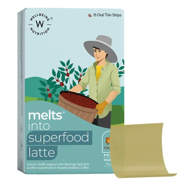 Wellbeing Nutrition Melts Superfood Latte Spirulina Caramel Flavour, 15 Strips, Pack of 1