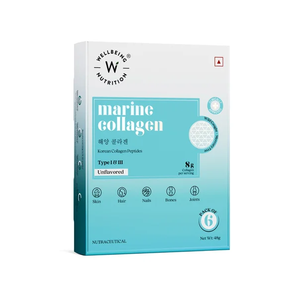 Wellbeing Nutrition Marine Collagen Type I &amp; III Unflavored Powder, 6 Sachets (8gm x 6 Sachets), Pack of 1