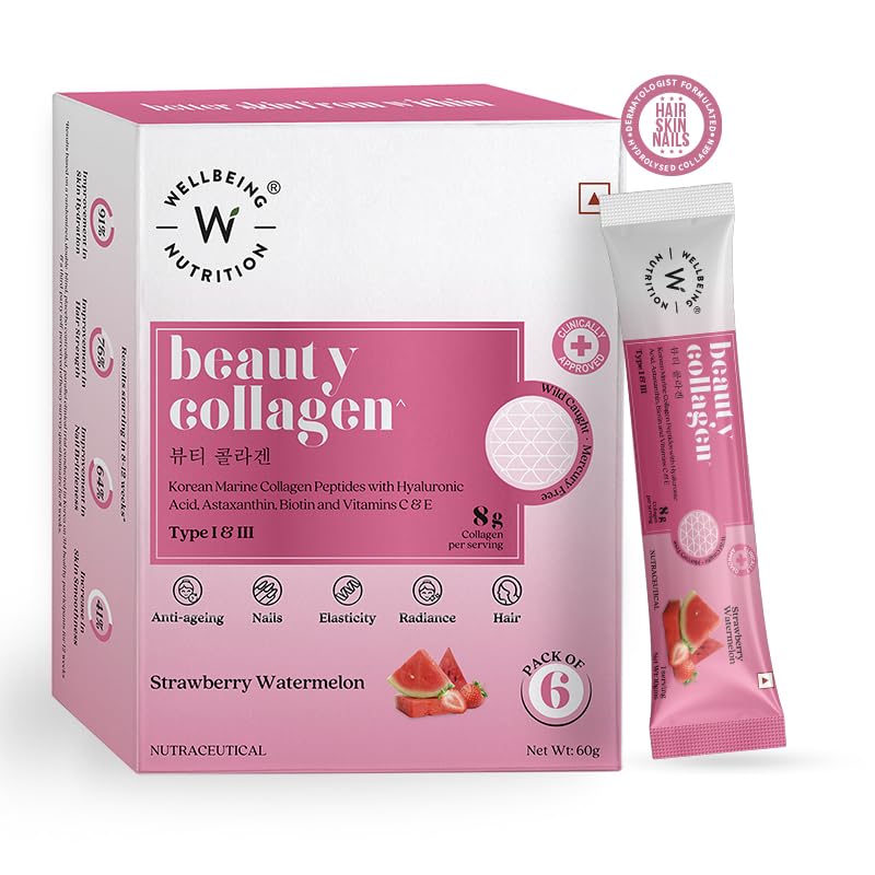 Buy Wellbeing Nutrition Beauty Korean Marine Collagen Peptides Type I & III Strawberry Watermelon Flavour Powder, 6 Sachets (10gm x 6 Sachets) Online