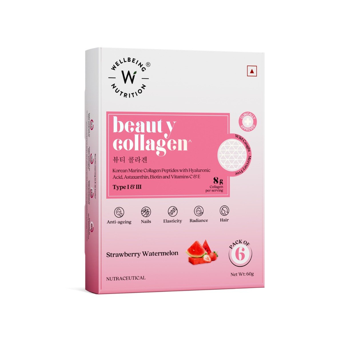 Wellbeing Nutrition Beauty Korean Marine Collagen Peptides Type I & III Strawberry Watermelon Flavour Powder, 6 Sachets (10gm x 6 Sachets), Pack of 1 Wellbeing Nutrition Beauty Korean Marine Collagen Peptides Type I & III Strawberry Watermelon Flavour Powder, 6 Sachets (10gm x 6 Sachets), Pack of 1