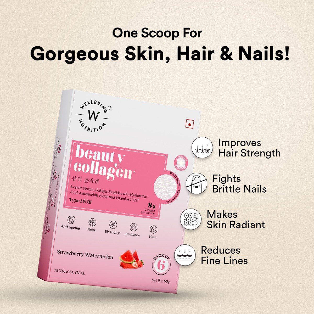 Wellbeing Nutrition Beauty Korean Marine Collagen Peptides Type I & III Strawberry Watermelon Flavour Powder, 6 Sachets (10gm x 6 Sachets), Pack of 1 Wellbeing Nutrition Beauty Korean Marine Collagen Peptides Type I & III Strawberry Watermelon Flavour Powder, 6 Sachets (10gm x 6 Sachets), Pack of 1