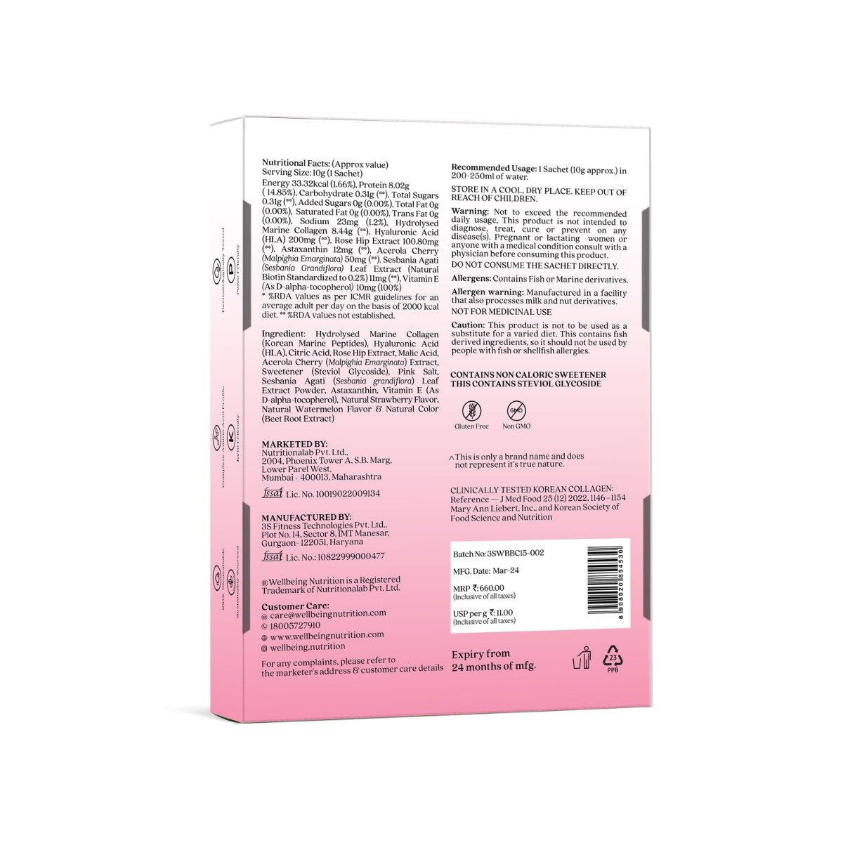 Wellbeing Nutrition Beauty Korean Marine Collagen Peptides Type I & III Strawberry Watermelon Flavour Powder, 6 Sachets (10gm x 6 Sachets), Pack of 1 Wellbeing Nutrition Beauty Korean Marine Collagen Peptides Type I & III Strawberry Watermelon Flavour Powder, 6 Sachets (10gm x 6 Sachets), Pack of 1