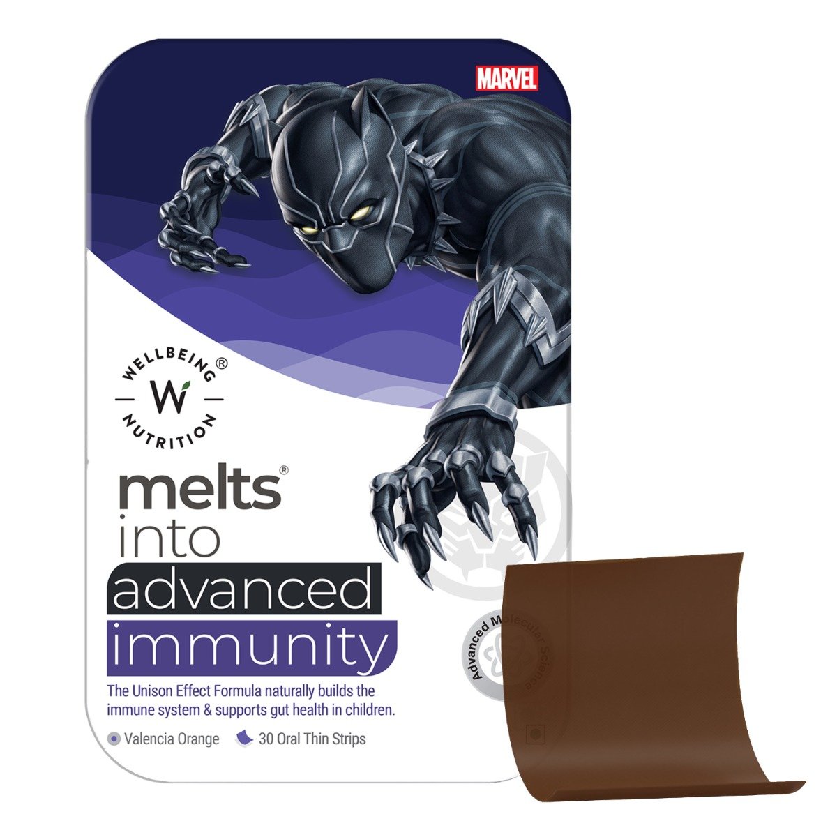 Wellbeing Nutrition Melts Into Advanced Immunity Black Panther Valencia Orange Flavour for Kids, 30 Strips, Pack of 1 Wellbeing Nutrition Melts Into Advanced Immunity Black Panther Valencia Orange Flavour for Kids, 30 Strips, Pack of 1
