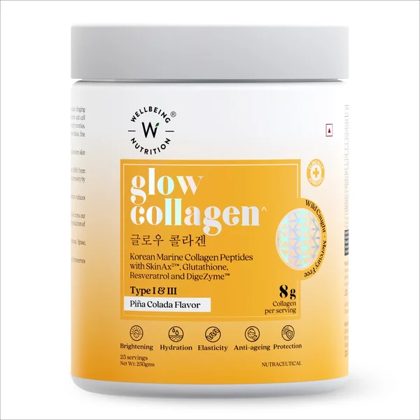 Wellbeing Nutrition Glow Korean Marine Collagen Peptides Type I &amp; III Pina Colada Flavour Powder, 250 gm, Pack of 1