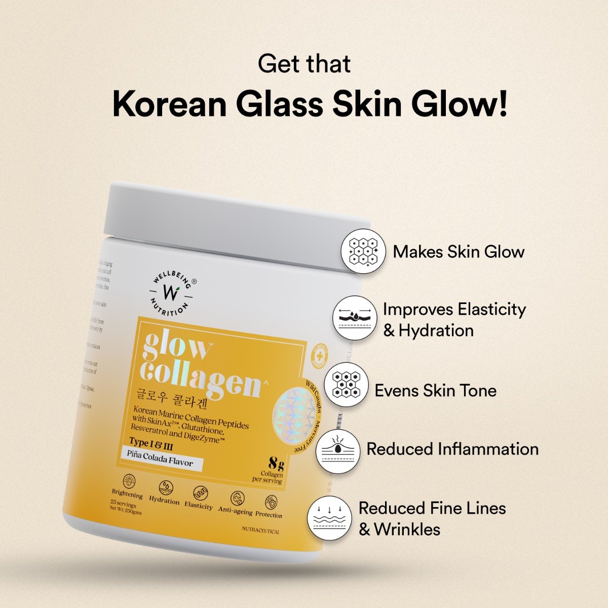 Wellbeing Nutrition Glow Korean Marine Collagen Peptides Type I & III Pina Colada Flavour Powder, 250 gm, Pack of 1 Wellbeing Nutrition Glow Korean Marine Collagen Peptides Type I & III Pina Colada Flavour Powder, 250 gm, Pack of 1