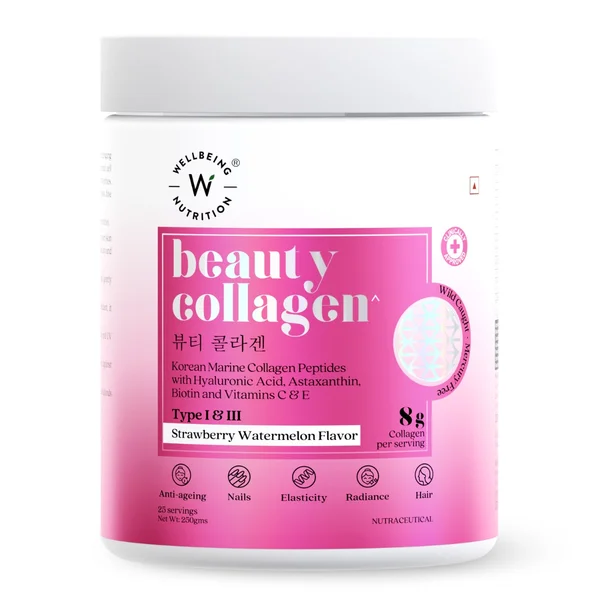 Wellbeing Nutrition Beauty Korean Marine Collagen Peptides Type I &amp; III Strawberry Watermelon Flavour Powder, 250 gm, Pack of 1