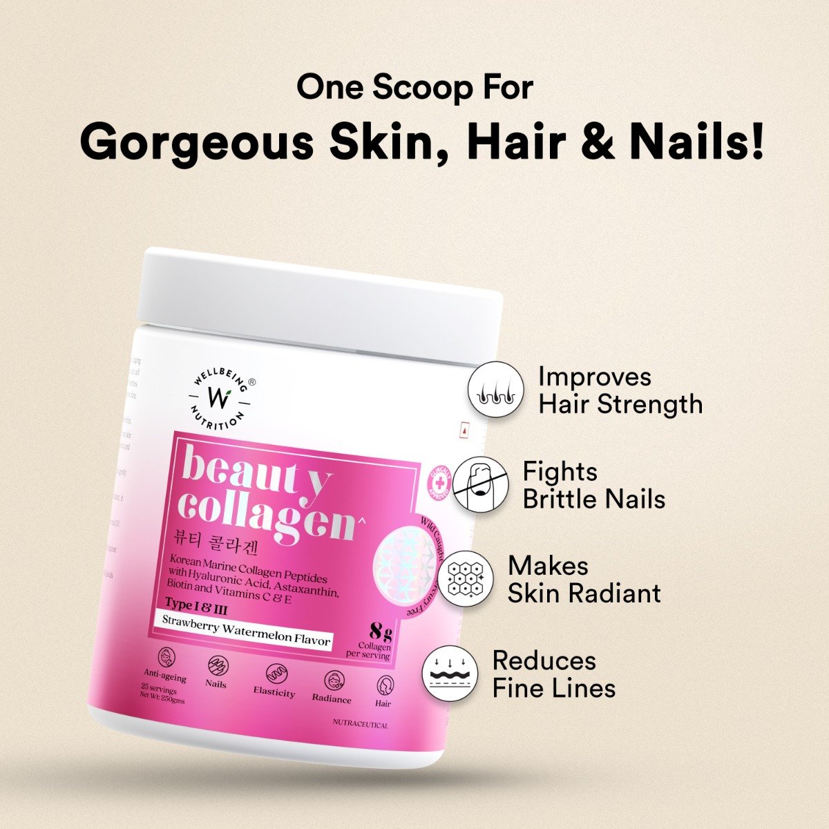 Wellbeing Nutrition Beauty Korean Marine Collagen Peptides Type I & III Strawberry Watermelon Flavour Powder, 250 gm, Pack of 1 Wellbeing Nutrition Beauty Korean Marine Collagen Peptides Type I & III Strawberry Watermelon Flavour Powder, 250 gm, Pack of 1