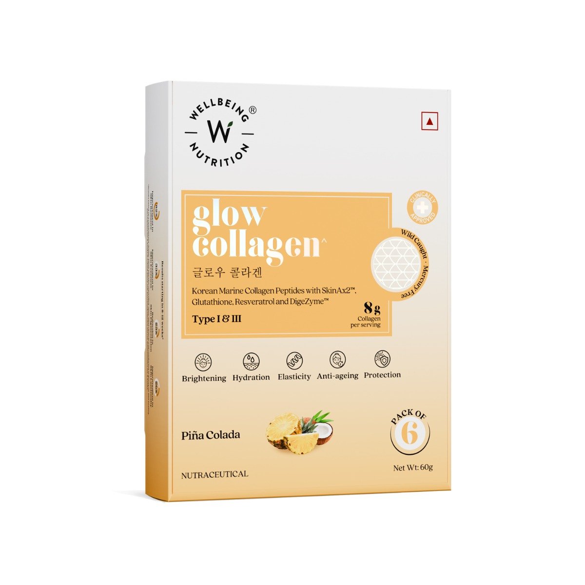 Wellbeing Nutrition Glow Korean Marine Collagen Peptides Type I & III Pina Colada Flavour Powder, 6 Sachets (10gm x 6 Sachets), Pack of 1 Wellbeing Nutrition Glow Korean Marine Collagen Peptides Type I & III Pina Colada Flavour Powder, 6 Sachets (10gm x 6 Sachets), Pack of 1