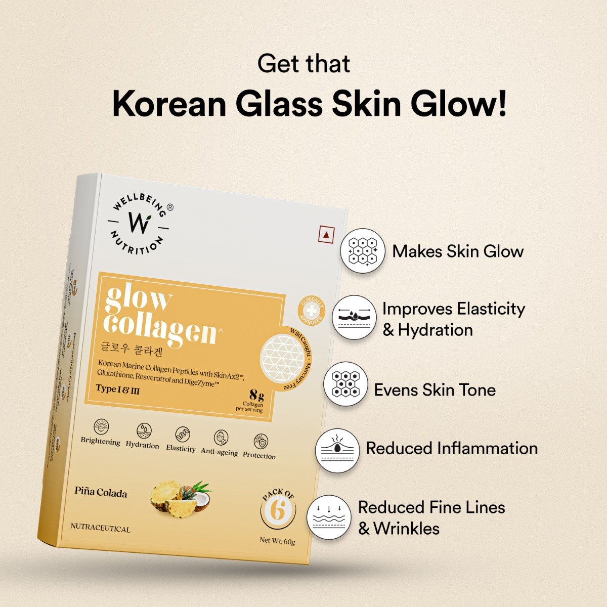 Wellbeing Nutrition Glow Korean Marine Collagen Peptides Type I & III Pina Colada Flavour Powder, 6 Sachets (10gm x 6 Sachets), Pack of 1 Wellbeing Nutrition Glow Korean Marine Collagen Peptides Type I & III Pina Colada Flavour Powder, 6 Sachets (10gm x 6 Sachets), Pack of 1