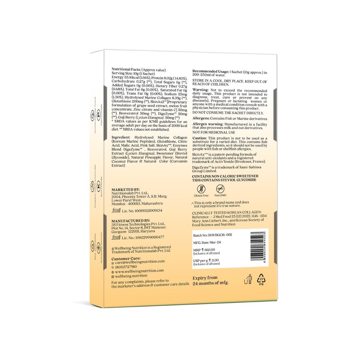 Wellbeing Nutrition Glow Korean Marine Collagen Peptides Type I & III Pina Colada Flavour Powder, 6 Sachets (10gm x 6 Sachets), Pack of 1 Wellbeing Nutrition Glow Korean Marine Collagen Peptides Type I & III Pina Colada Flavour Powder, 6 Sachets (10gm x 6 Sachets), Pack of 1