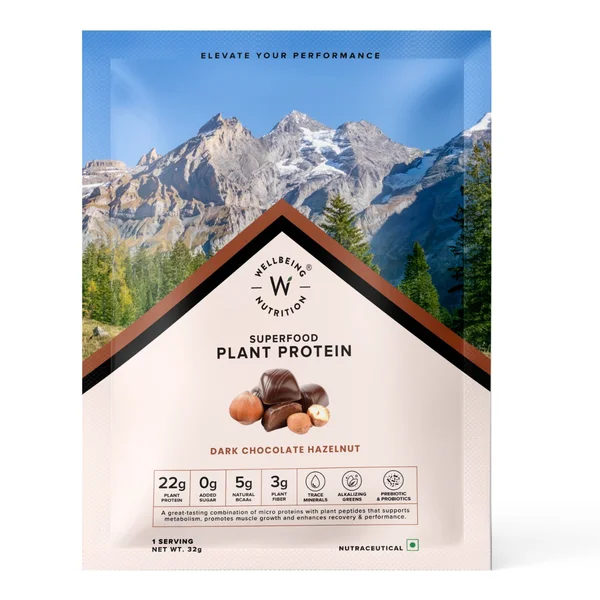 Wellbeing Nutrition Superfood Plant Protein Isolate Dark Chocolate Hazelnut Flavour Powder, 32 gm, Pack of 1