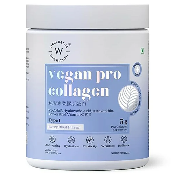 Wellbeing Nutrition Vegan Pro Collagen Type 1 Berry Blast Flavour Powder, 250 gm, Pack of 1