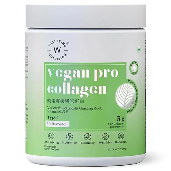 Wellbeing Nutrition Vegan Pro Collagen Type 1 Unflavour Powder, 250 gm, Pack of 1