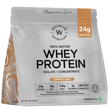Wellbeing Nutrition 100% Native Whey Protein Cappuccino Flavour Powder, 1 kg