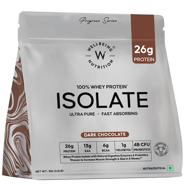 Wellbeing Nutrition 100% Whey Protein Isolate Dark Chocolate Flavour Powder, 1 kg | 4B CFU Probiotics, Pack of 1
