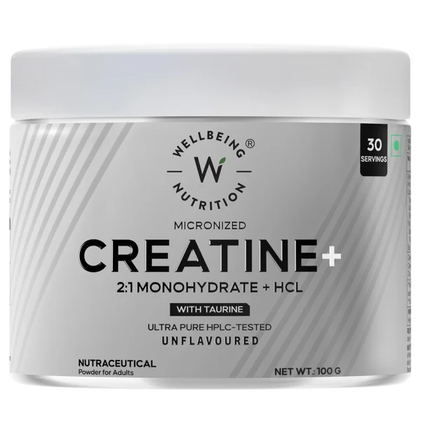 Wellbeing Nutrition Creatine + Monohydrate + HCL Unflavoured Powder, 100 gm
