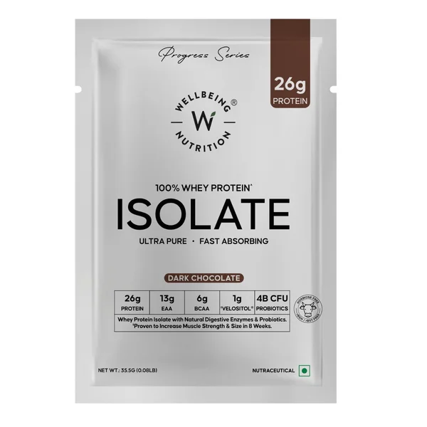 Wellbeing Nutrition 100% Whey Protein Isolate Dark Chocolate Flavour Powder, 35.5 gm, Pack of 1